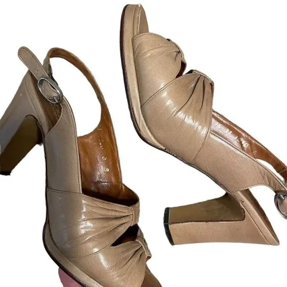 Vintage Beige Leather Heeled Slingback Sandals - Bloomingdale’s - Picture 6 of 10